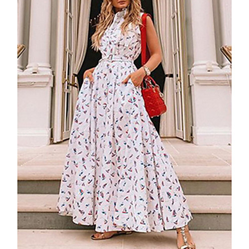 

Women's Maxi Sheath Dress - Sleeveless Polka Dot Elegant White S M L XL