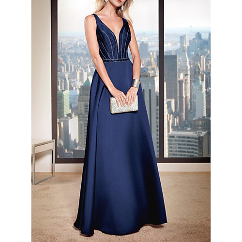 

A-Line V Neck Floor Length Satin Bridesmaid Dress with Beading / Ruching