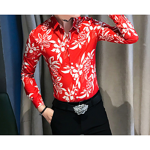 

Men's Daily Going out Basic / Elegant Shirt - Floral / Color Block Red