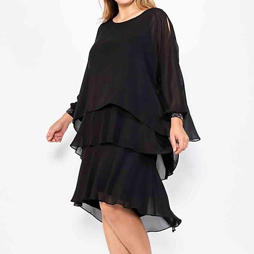 

A-Line Jewel Neck Knee Length Chiffon / Satin Long Sleeve Sweet Mother of the Bride Dress with Cascading Ruffles Mother's Day 2020