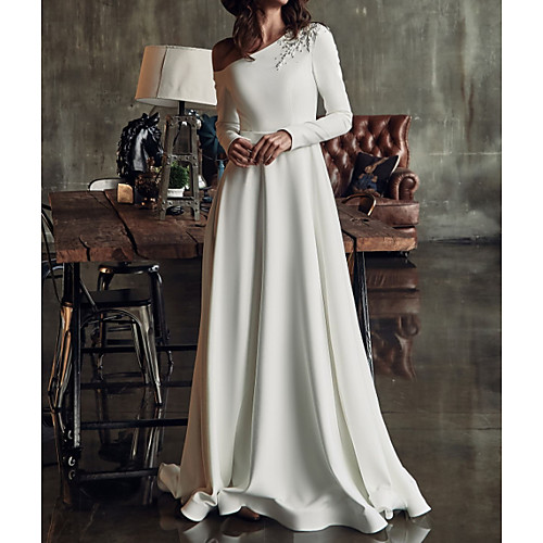 

A-Line One Shoulder Sweep / Brush Train Stretch Satin Long Sleeve Country Plus Size Wedding Dresses with Crystals / Split Front 2020