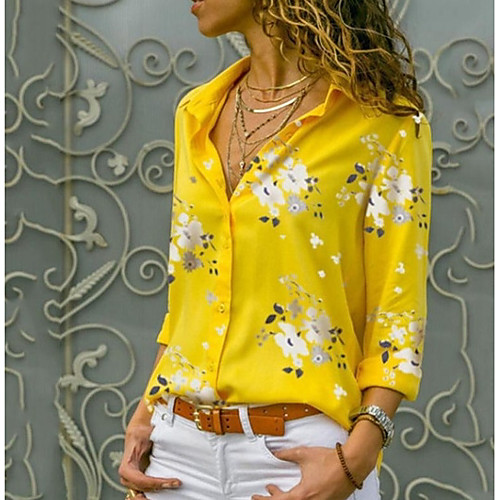 

Women's Daily Shirt - Geometric Print Shirt Collar Yellow
