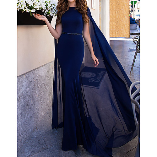 

Luxury Mermaid Elegant Engagement Formal Evening Dress Chiffon Floor Length With Beaded Satin Ribbon With V-Shaped Cuts On The Neckline