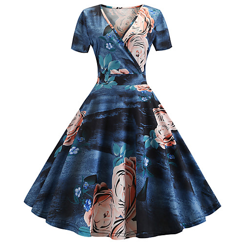 

Women's Dusty Blue Dress Vintage Style Street chic Party Daily Swing Print Patchwork Print S M