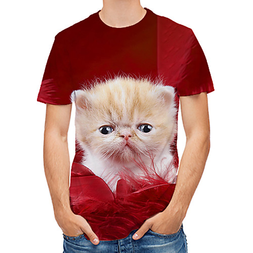 

Men's Daily Club Rock / Street chic T-shirt - Color Block / 3D / Animal Cat / Fantastic Beasts, Print Red