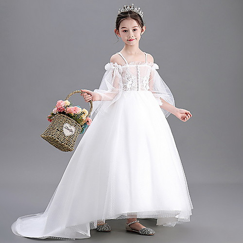 

Ball Gown Court Train Wedding / Party Flower Girl Dresses - POLY Long Sleeve Spaghetti Strap with Lace / Tier