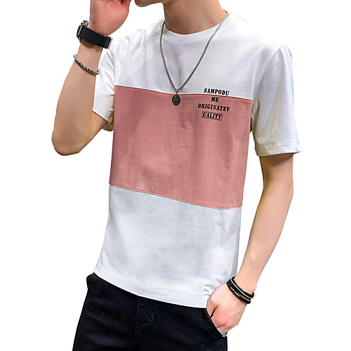 

Men's Geometric Color Block T-shirt - Cotton Daily Round Neck Blue / Yellow / Blushing Pink / Short Sleeve