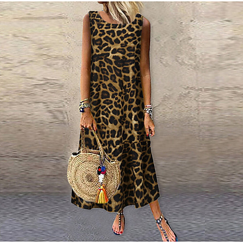 

Women's Maxi Yellow Black Dress Elegant Sheath Leopard L XL