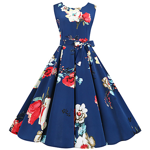 

Women's Blue Dress Vintage Style Daily Sheath Floral Flare Cuff Sleeve Rose Print S M Slim