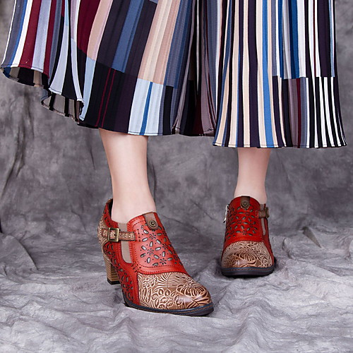 

Women's Heels Chunky Heel Round Toe PU Spring & Summer Red / Brown