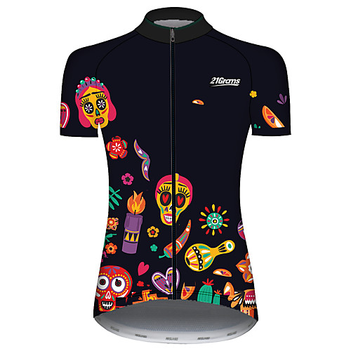 

21Grams Women's Short Sleeve Cycling Jersey 100% Polyester Black / Yellow Skull Floral Botanical Bike Jersey Top Mountain Bike MTB Road Bike Cycling UV Resistant Breathable Quick Dry Sports Clothing