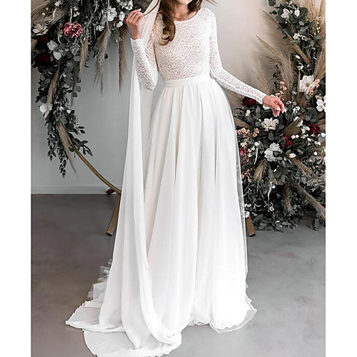 

A-Line Jewel Neck Floor Length Chiffon / Lace Long Sleeve Country Plus Size Wedding Dresses with Lace / Embroidery 2020