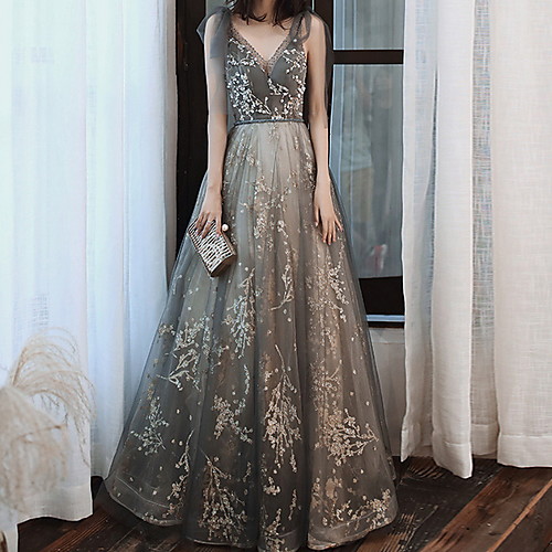 

A-Line V Neck Floor Length Polyester Floral / Grey Wedding Guest / Prom Dress with Embroidery 2020