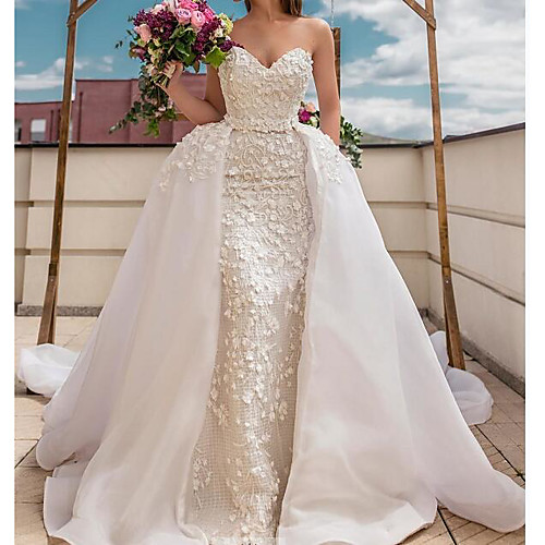 

A-Line Sweetheart Neckline Sweep / Brush Train Polyester Strapless Country Plus Size Wedding Dresses with Embroidery 2020