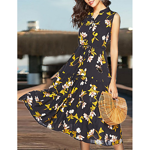 

Women's Black Dress A Line Floral V Neck L XL