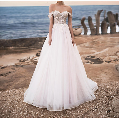 

A-Line Off Shoulder Sweep / Brush Train Polyester Cap Sleeve Country Plus Size Wedding Dresses with Lace Insert / Appliques 2020