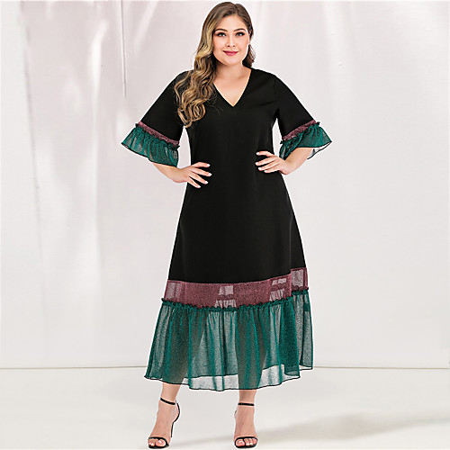 

Women's Green Dress Casual Elegant Daily A Line Loose Chiffon Color Block Solid Color Flare Cuff Sleeve Blue & White Black & Red Pleated Patchwork L XL