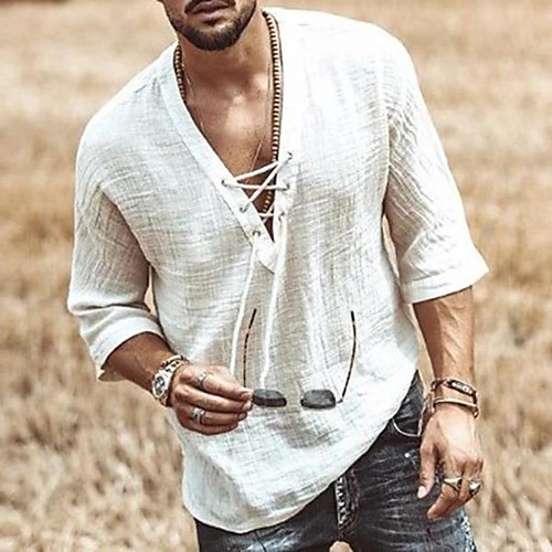 

Men's Solid Colored White Lace up T-shirt Basic Daily V Neck Beige