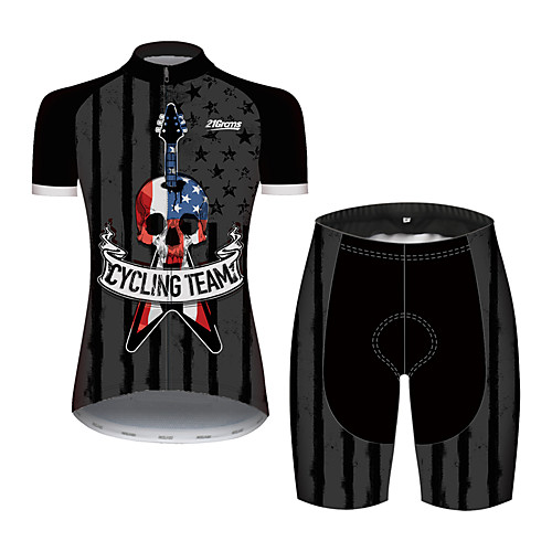 

21Grams Women's Short Sleeve Cycling Jersey with Shorts Black / White Skull American / USA National Flag Bike Clothing Suit Breathable Quick Dry Ultraviolet Resistant Sweat-wicking Sports Skull