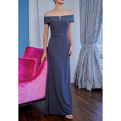 

Sheath / Column Off Shoulder Sweep / Brush Train Polyester Short Sleeve Elegant Mother of the Bride Dress with Sash / Ribbon Mother's Day 2020
