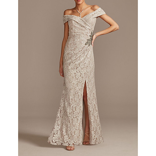 

Sheath / Column Off Shoulder Floor Length Lace Short Sleeve Sexy Mother of the Bride Dress with Beading / Split Front Mother's Day 2020