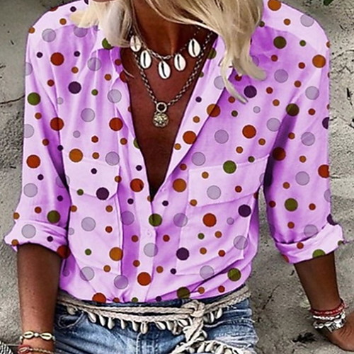 

Women's Daily Shirt - Polka Dot Print Shirt Collar Purple