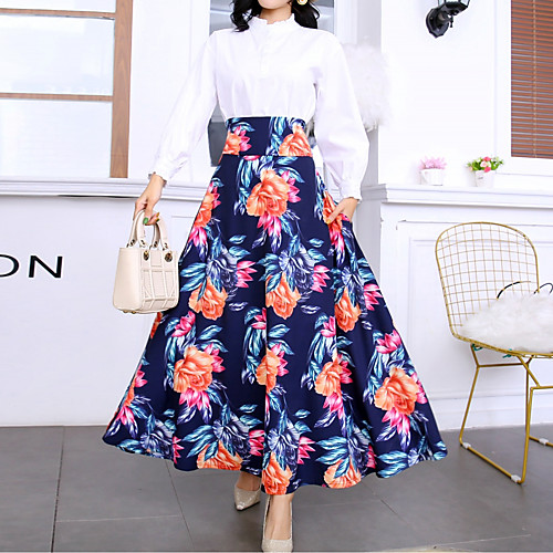 

Women's Event / Party / Daily Wear Street chic Swing Skirts - Floral Print / Drawstring Navy Blue S M L