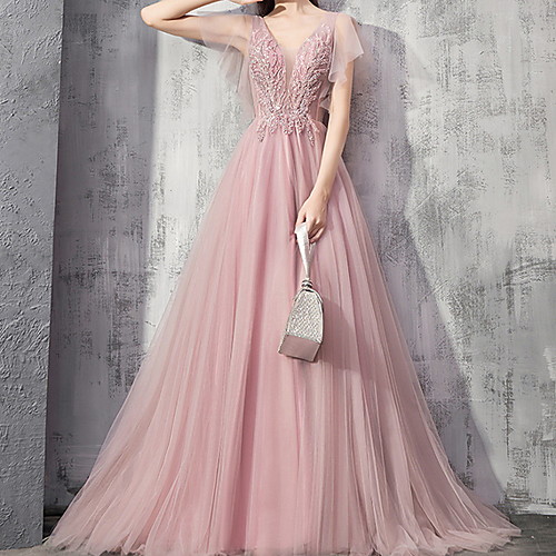 

Ball Gown V Neck Sweep / Brush Train Polyester Beautiful Back / Pink Engagement / Formal Evening Dress with Pleats / Appliques 2020