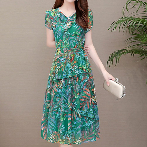 

Women's Blushing Pink Green Dress A Line Geometric L XL