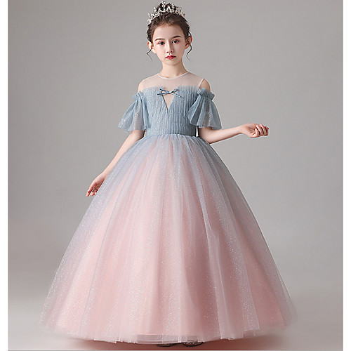 

Ball Gown Floor Length Party / Birthday Flower Girl Dresses - Tulle Short Sleeve Jewel Neck with Pleats