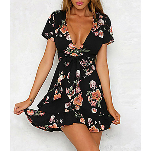 

Women's Mini Black Dress A Line Floral Deep V S M