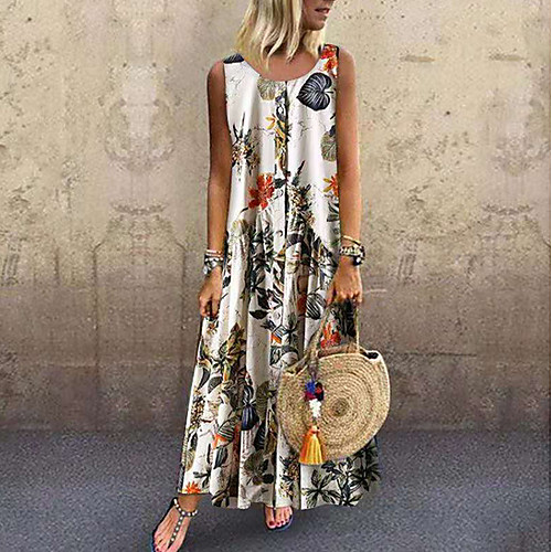 

Women's Maxi Blushing Pink Orange Dress Shift Print Strap S M Loose