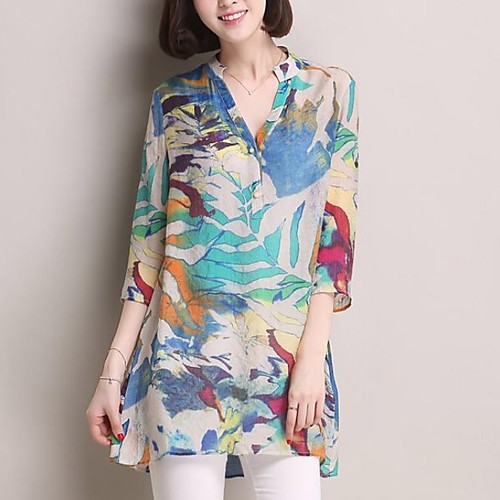 

Women's Daily T-shirt - Floral Print V Neck Orange