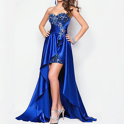 

A-Line Sweetheart Neckline Asymmetrical Lace / Stretch Satin Sparkle / Blue Party Wear / Prom Dress with Sequin / Overskirt 2020