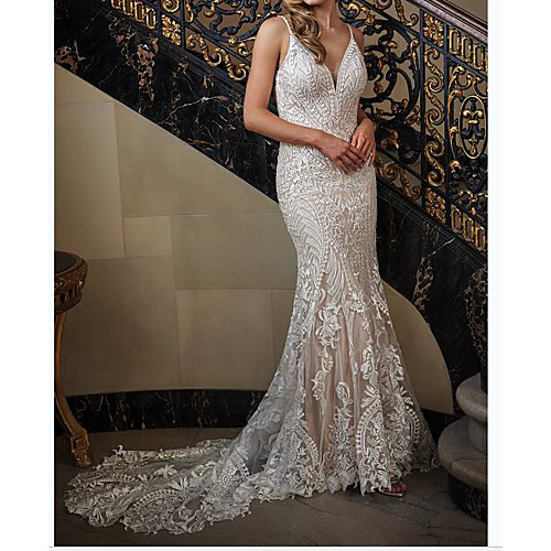 

Mermaid / Trumpet Spaghetti Strap / V Neck Sweep / Brush Train Polyester Sleeveless Country Plus Size Wedding Dresses with Embroidery 2020