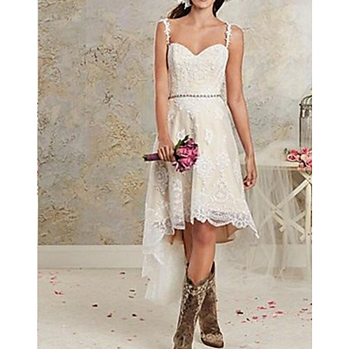

A-Line Spaghetti Strap Asymmetrical Lace / Tulle Sleeveless Country Plus Size Wedding Dresses with Lace 2020