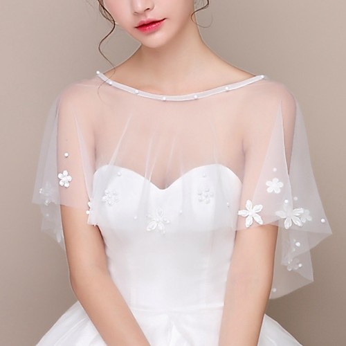 

Short Sleeve Collars Tulle Wedding Shawl & Wrap With Appliques