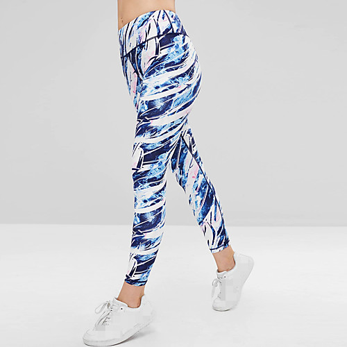 

Women's High Waist Yoga Pants Print Blue Running Fitness Gym Workout Tights Leggings Sport Activewear Quick Dry Butt Lift Tummy Control Stretchy