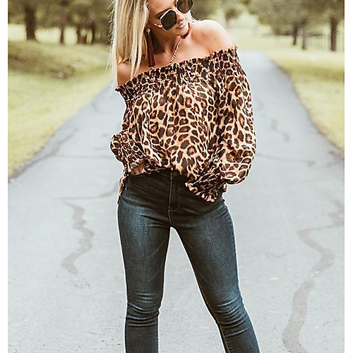 

Women's Leopard Ruffle Pleated Print Loose Blouse Daily Off Shoulder Khaki