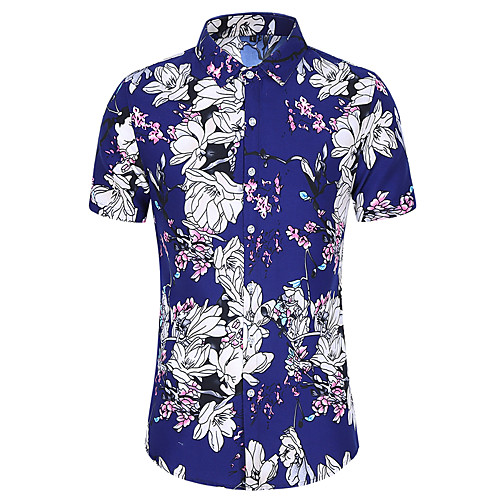

Men's Floral Graphic Blue & White Print Shirt Basic Tropical Daily Going out Classic Collar White / Navy Blue / Light Blue / Short Sleeve