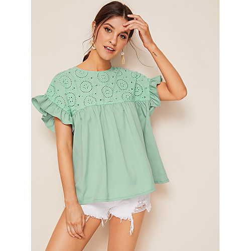 

Embroidery Lace Short Sleeve Shirt O-Neck Blouse Shirts Solid Casual Women Tops