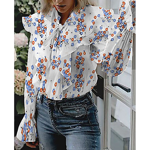 

Women's Daily Shirt - Floral / Romantic V Neck White / Spring / Summer