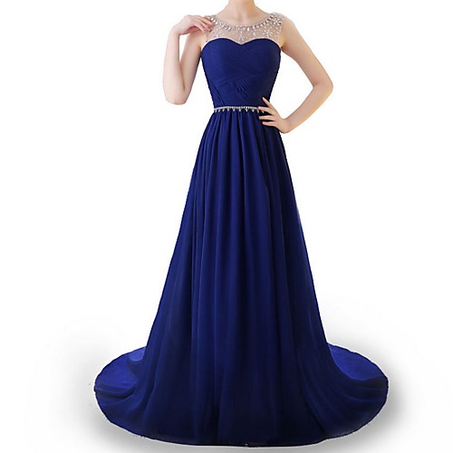 

A-Line Illusion Neck Sweep / Brush Train Polyester Elegant / Blue Engagement / Formal Evening Dress with Beading / Draping 2020