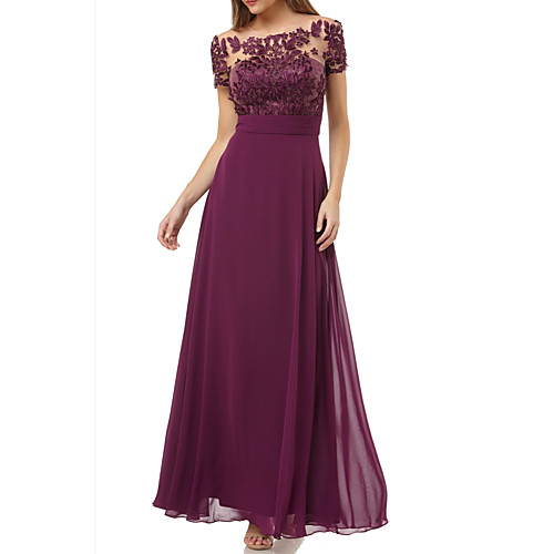 

A-Line Bateau Neck Floor Length Chiffon Short Sleeve Elegant Mother of the Bride Dress with Appliques Mother's Day 2020