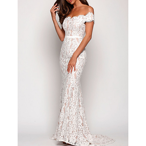 

Mermaid / Trumpet Off Shoulder Court Train Lace / Shantung / Stretch Satin Bridesmaid Dress with Lace