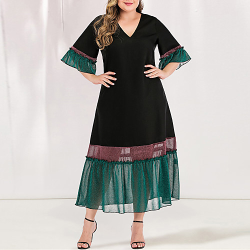 

Women's Green Dress Casual Elegant Daily A Line Loose Chiffon Color Block Solid Color Flare Cuff Sleeve Blue & White Black & Red Pleated Patchwork L XL