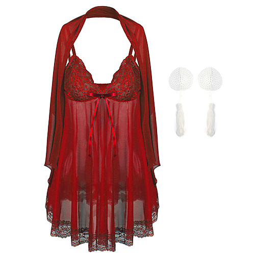 

Women's Lace / Sequins / Bow Plus Size Erotic Suits Nightwear Solid Colored Red White Black S M L