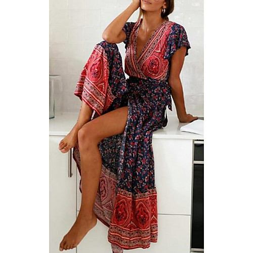 

Women's Maxi Swing Dress - Short Sleeves Print V Neck Red S M L XL