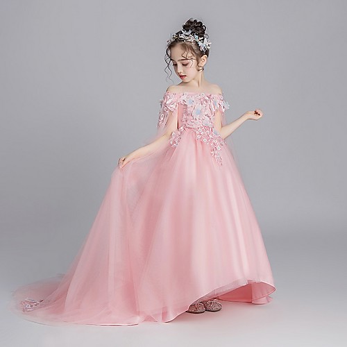 

A-Line Chapel Train Party / Pageant Flower Girl Dresses - Polyester / Tulle Short Sleeve Off Shoulder with Appliques