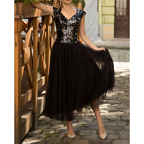 

A-Line Sparkle Black Party Wear Cocktail Party Dress V Neck Short Sleeve Ankle Length Tulle Sequined with Sequin 2020